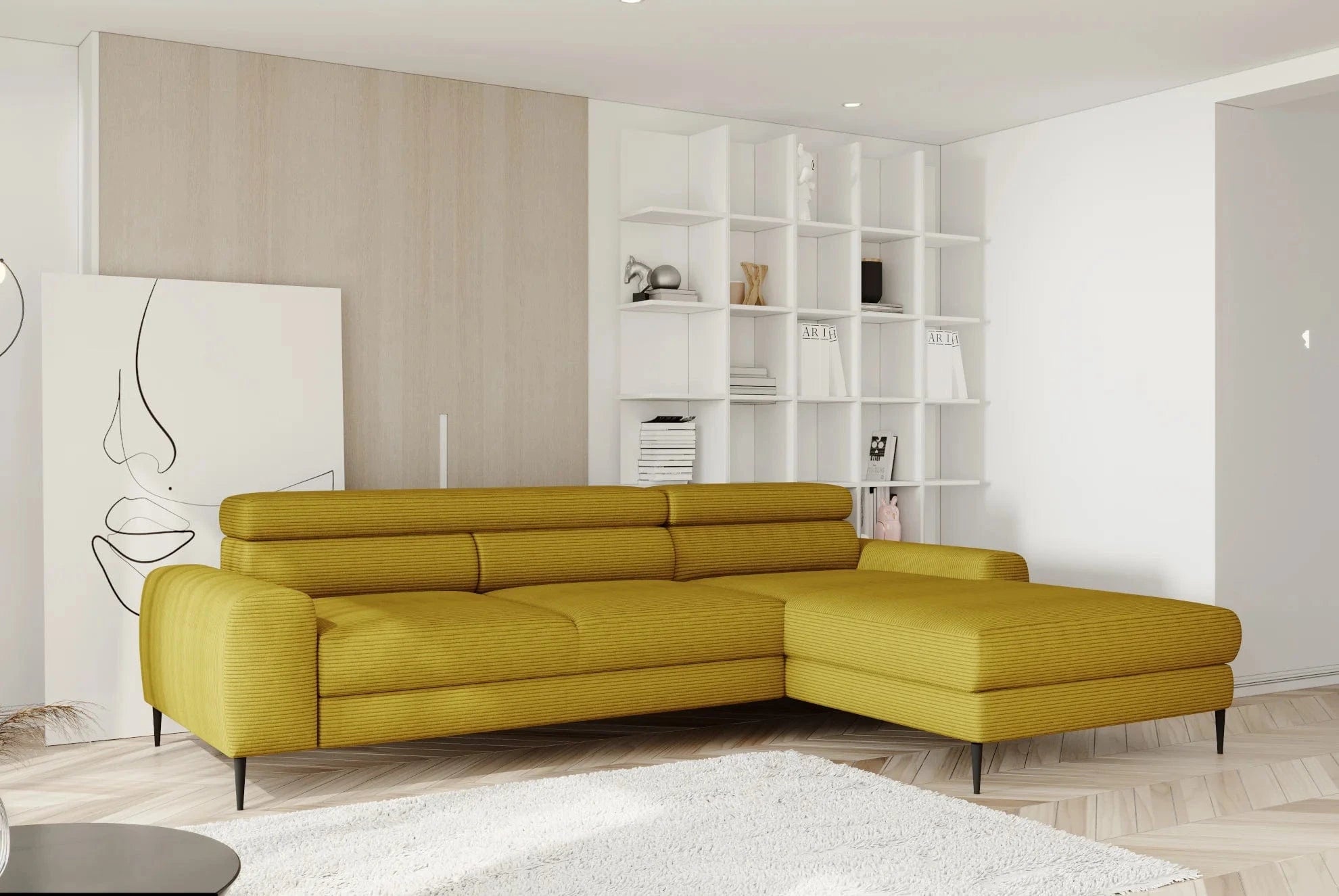 Wersal Coltar Extensibil, Sezlong pe Dreapta, Lada de Depozitare, Tetiere Reglabile, Calcius S, l240xA165xH73-86 cm