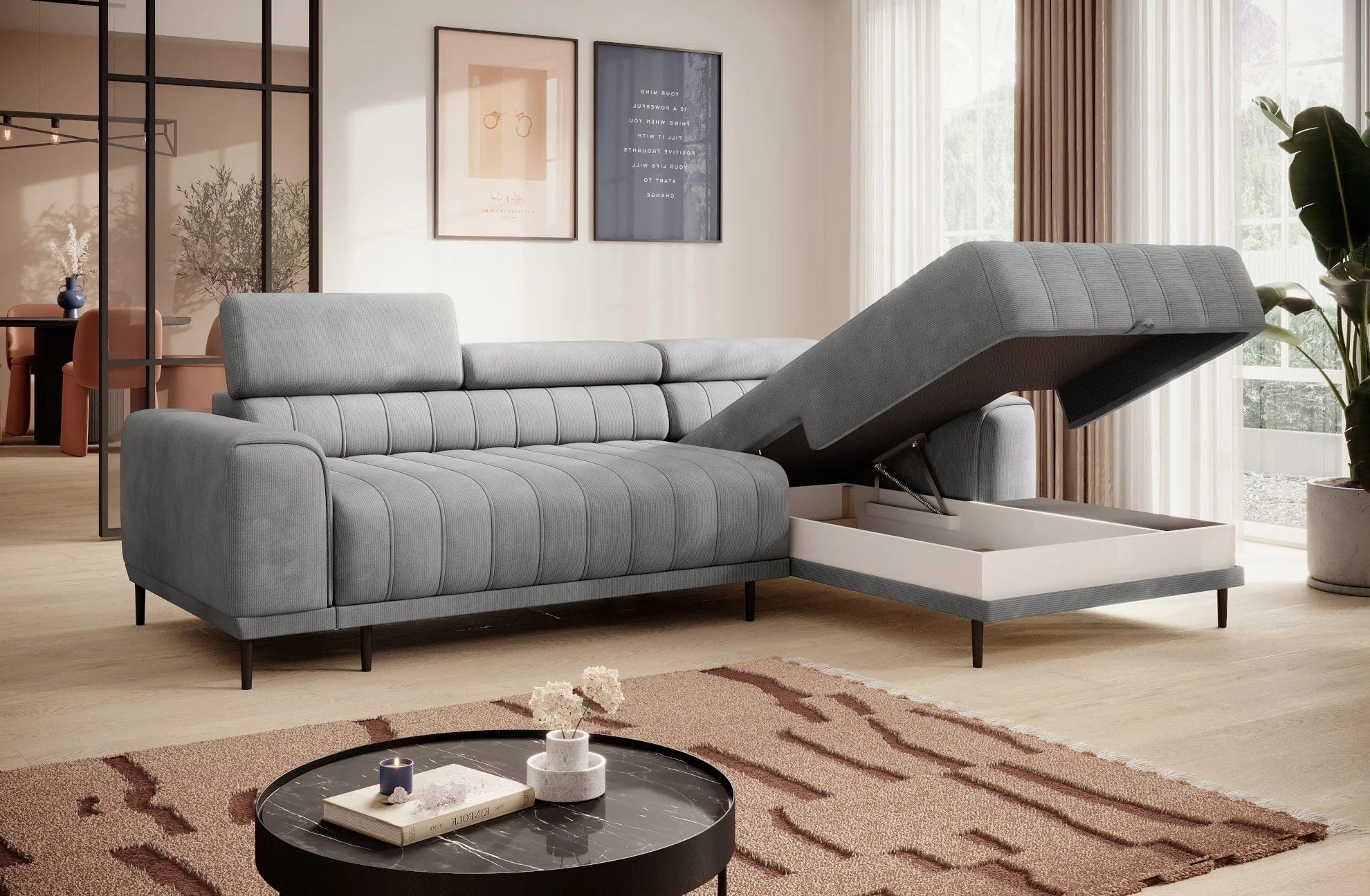 Wersal Coltar Extensibil, Sezlong pe Dreapta, Lada de Depozitare, Tetiere Reglabile, Calvoras S, l272xA178xH79-99 cm