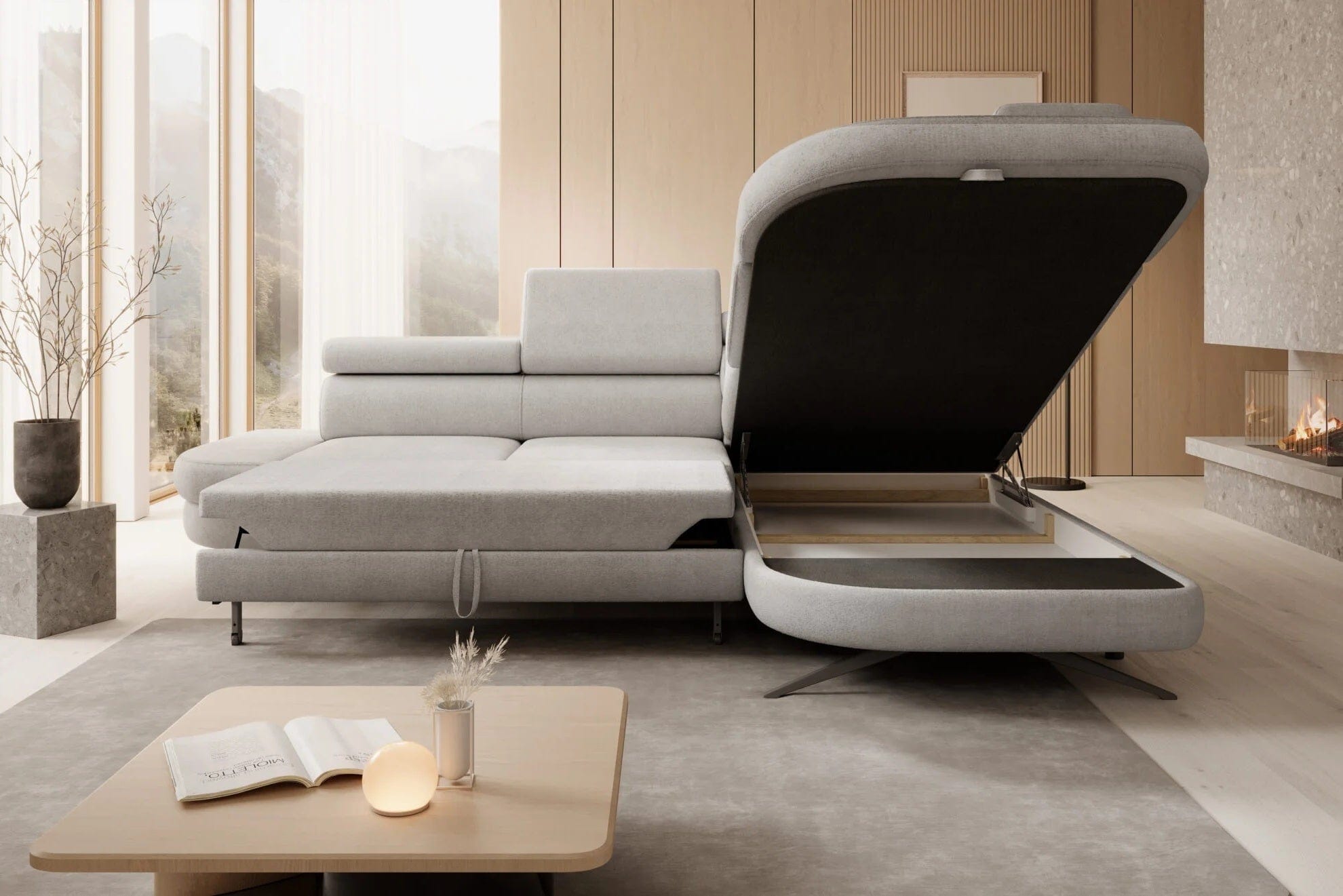 Wersal Coltar Extensibil, Sezlong pe Dreapta, Lada de Depozitare, Tetiere Reglabile, Otos L, l276xA218H77-97 cm