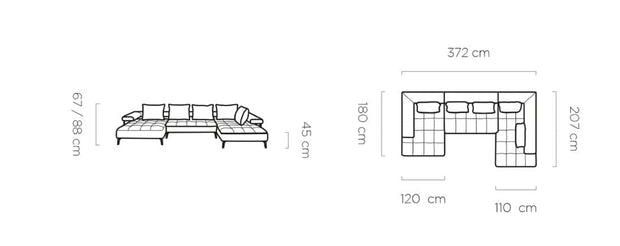 Wersal Coltar Extensibil, Sezlong pe Dreapta, Mecanism Electric Relax, Montelis XL, l372xA207xH67-88 cm