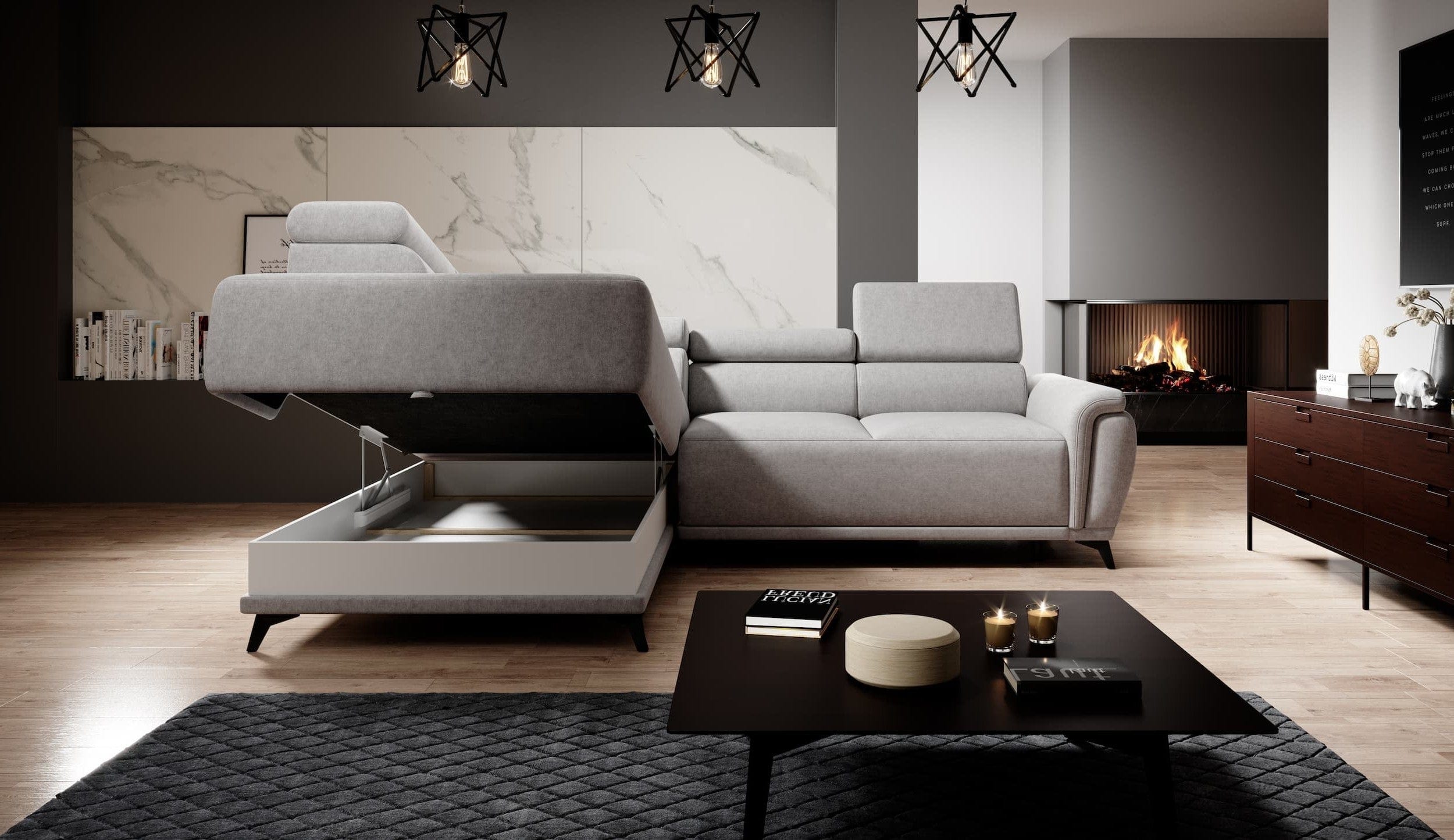 Coltar Extensibil, Sezlong pe Stanga, Lada de Depozitare, Tetiere Reglabile, Atlantida, l281xA203xH80-98 cm (1)