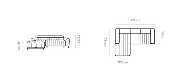 Wersal Coltar Extensibil, Sezlong pe Stanga, Lada de Depozitare, Tetiere Reglabile, Calvoras S, l272xA178xH79-99 cm