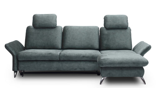 Coltar Extensibil Tangit Petrol, Sezlong pe Dreapta, cu Lada de Depozitare, tapitat cu Stofa, Tetiere Incluse, l284xA170xH90 cm