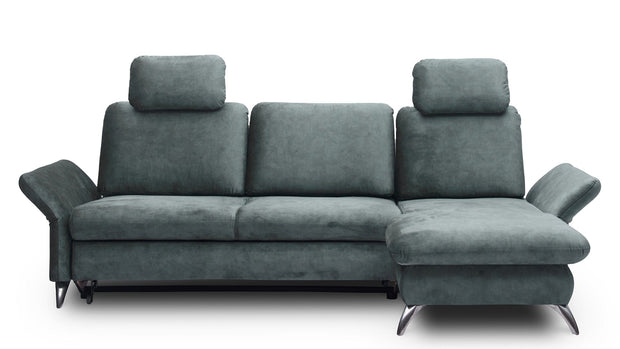 Coltar Extensibil Tangit Petrol, Sezlong pe Dreapta, cu Lada de Depozitare, tapitat cu Stofa, Tetiere Incluse, l284xA170xH90 cm