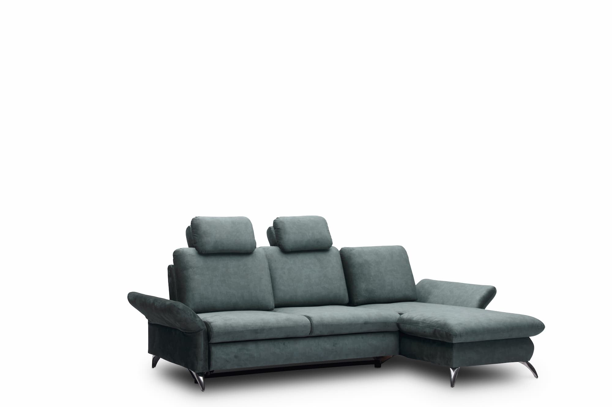 Coltar Extensibil Tangit Petrol, Sezlong pe Dreapta, cu Lada de Depozitare, tapitat cu Stofa, Tetiere Incluse, l284xA170xH90 cm (1)