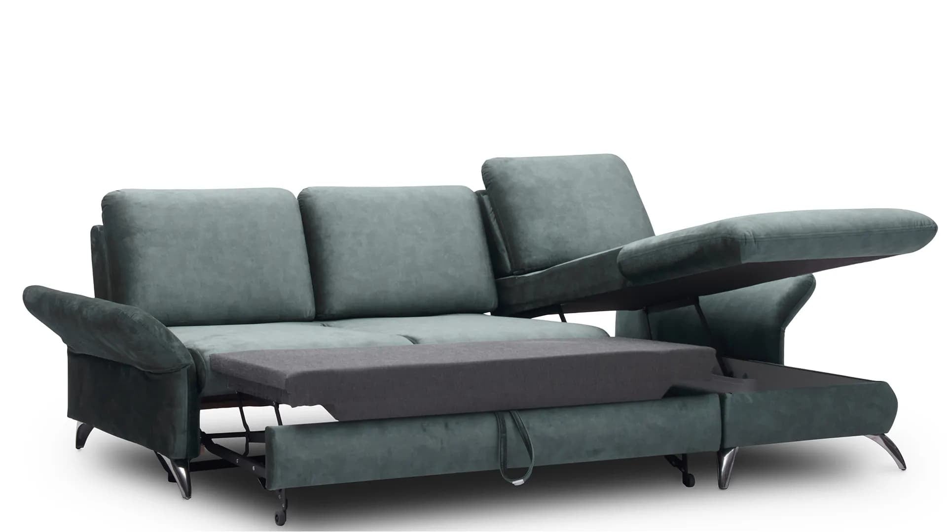 Coltar Extensibil Tangit Petrol, Sezlong pe Dreapta, cu Lada de Depozitare, tapitat cu Stofa, Tetiere Incluse, l284xA170xH90 cm (2)