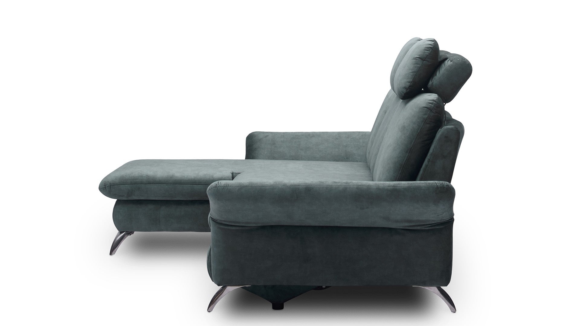 Coltar Extensibil Tangit Petrol, Sezlong pe Stanga, cu Lada de Depozitare, tapitat cu Stofa, Tetiere Incluse, l284xA170xH90 cm (5)