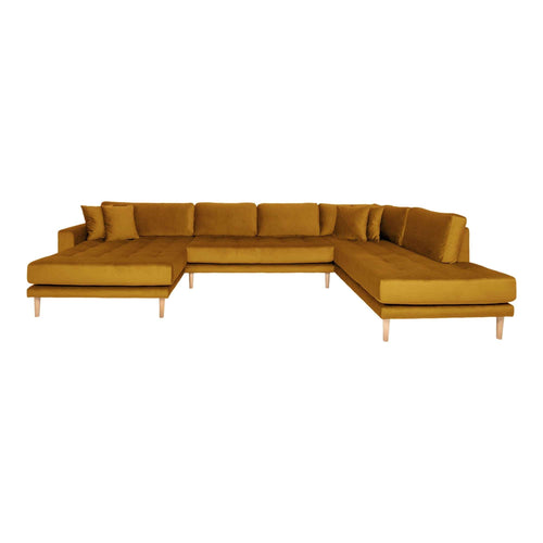 Coltar Fix, Sezlong pe Dreapta, Tapitat cu Stofa, Perne Incluse, Lido U Velvet Mustariu / Natural, l370xA220xH76 cm