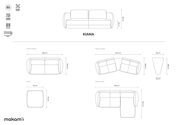Makamii Coltar Fix, Sezlong pe Stanga, Tapitat cu Stofa, Kiana Velvet C27 Marin, l270xA164xH85 cm