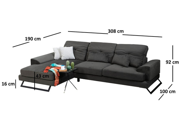 Coltar Frido Antracit Fix cu Arcuri si Spuma Poliuretanica, Sezlong pe Stanga, tapitat cu Stofa Easy Clean, Tetiere Reglabile, Perne Incluse, l308xA190xH92 cm (12)