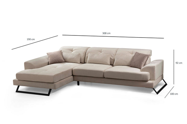 Coltar Frido Bej Deschis Fix cu Arcuri si Spuma Poliuretanica, Sezlong pe Stanga, tapitat cu Stofa Easy Clean, Tetiere Reglabile, Perne Incluse, l308xA190xH92 cm (13)