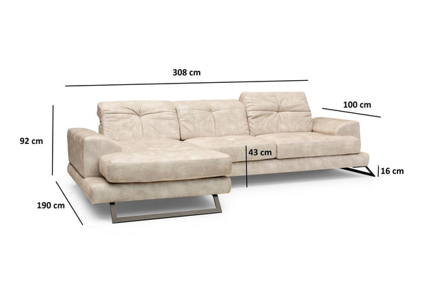 Coltar Frido Bej Deschis Fix cu Arcuri si Spuma Poliuretanica, Sezlong pe Stanga, tapitat cu Stofa Easy Clean, Tetiere Reglabile, Perne Incluse, l308xA190xH92 cm (14)