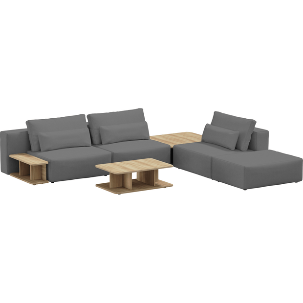 Coltar Modular, Sezlong Universal (pe Stanga sau pe Dreapta), Tapitat cu Stofa, 2 Mese de cafea si Taburet Incluse, Riposo Grande Gri, l330xA285xH85 cm (1)