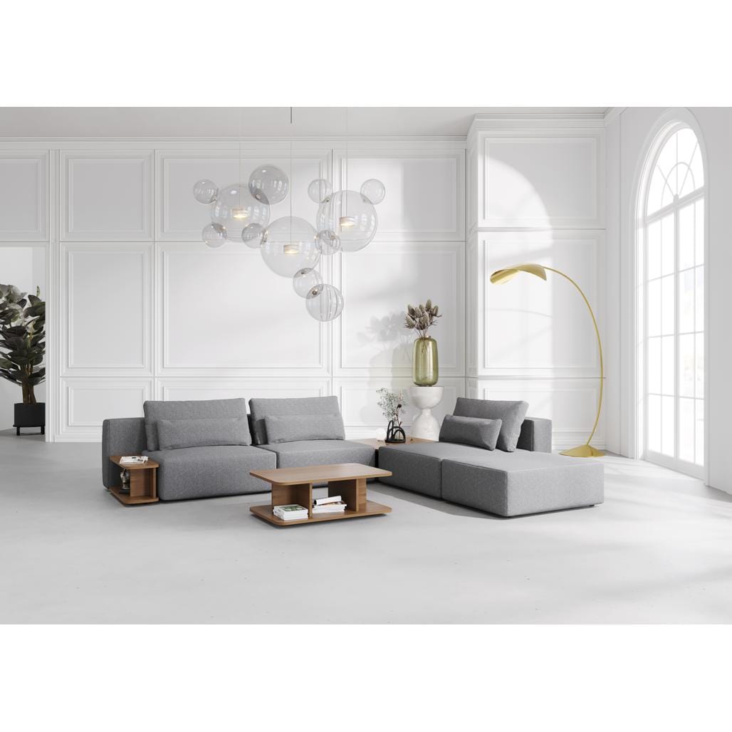 Coltar Modular, Sezlong Universal (pe Stanga sau pe Dreapta), Tapitat cu Stofa, 2 Mese de cafea si Taburet Incluse, Riposo Grande Gri, l330xA285xH85 cm (3)