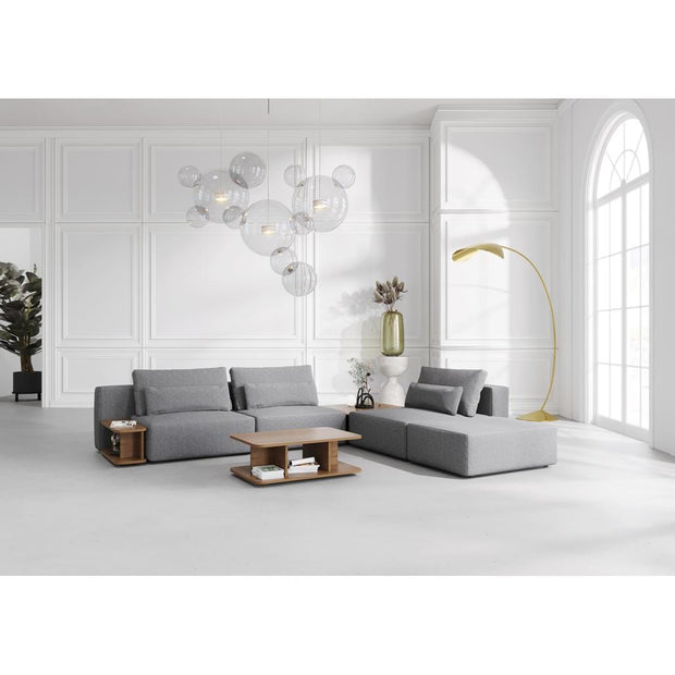 Coltar Modular, Sezlong Universal (pe Stanga sau pe Dreapta), Tapitat cu Stofa, 2 Mese de cafea si Taburet Incluse, Riposo Grande Gri, l330xA285xH85 cm (3)