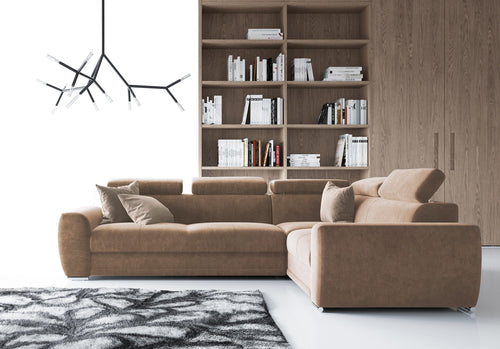 Coltar Moon Bej Extensibil, Sezlong pe Dreapta, tapitat cu Stofa, cu Lada de Depozitare, Tetiere Reglabile, l267xA194xH80-90 cm