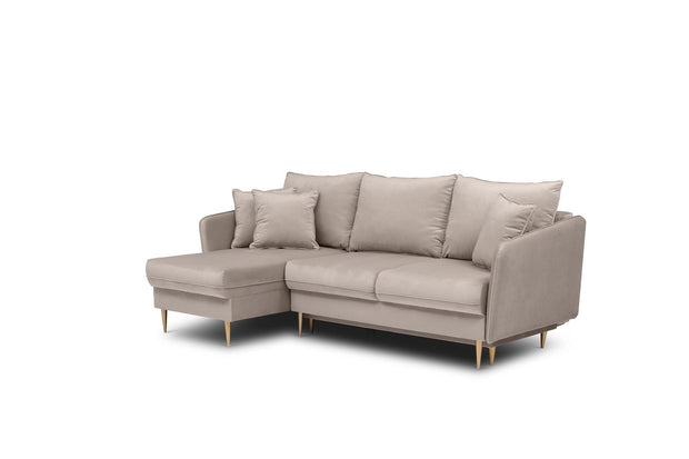 Coltar Volio Velvet Bej Extensibil, Sezlong pe Stanga, tapitat cu Stofa, cu Lada de Depozitare, Perne Incluse, l223xA145xH90 cm (2)