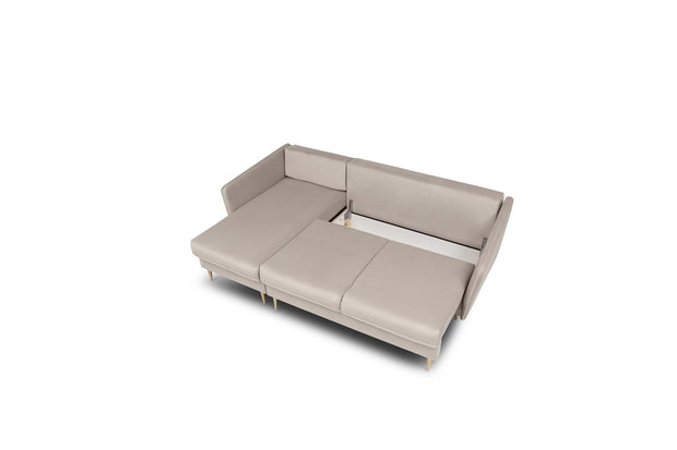 Coltar Volio Velvet Bej Extensibil, Sezlong pe Stanga, tapitat cu Stofa, cu Lada de Depozitare, Perne Incluse, l223xA145xH90 cm (6)