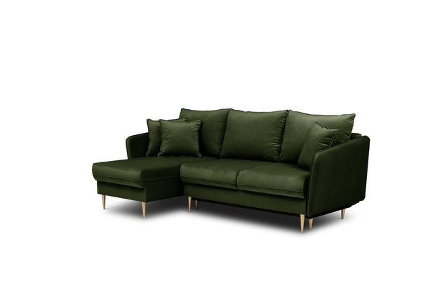Coltar Volio Velvet Verde Olive Extensibil, Sezlong pe Stanga, tapitat cu Stofa, cu Lada de Depozitare, Perne Incluse, l223xA145xH90 cm (1)