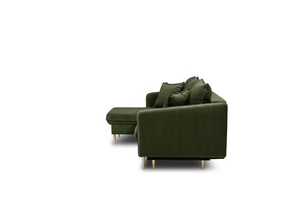 Coltar Volio Velvet Verde Olive Extensibil, Sezlong pe Stanga, tapitat cu Stofa, cu Lada de Depozitare, Perne Incluse, l223xA145xH90 cm (3)