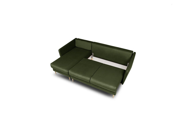 Coltar Volio Velvet Verde Olive Extensibil, Sezlong pe Stanga, tapitat cu Stofa, cu Lada de Depozitare, Perne Incluse, l223xA145xH90 cm (6)