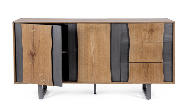 Comoda din furnir, cu 3 sertare si 2 usi, Garwood Natural / Negru, l150xA42xH75 cm (7)