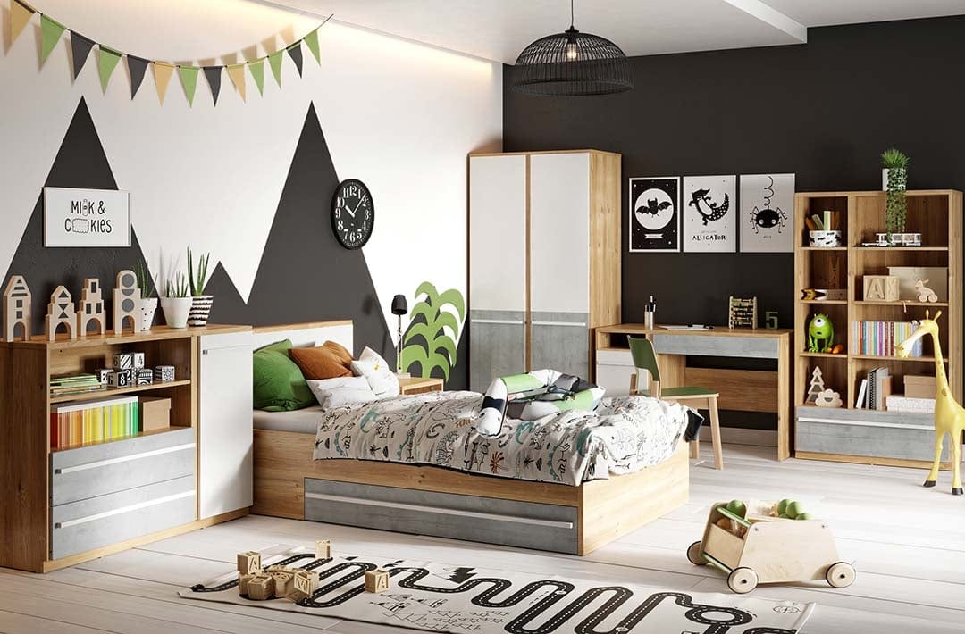 Comoda din pal, cu 1 usa si 2 sertare, pentru copii si tineret, Plano 05 Stejar / Gri / Alb, l125xA41xH91 cm (4)