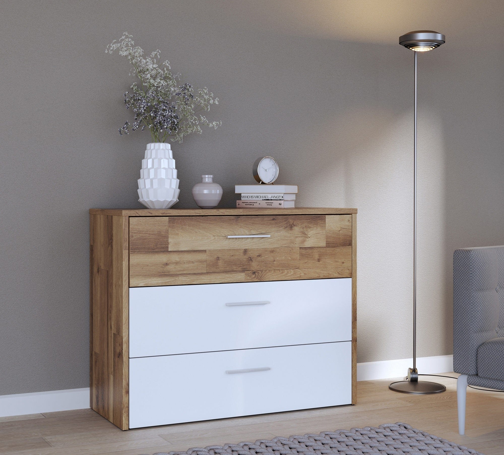 Comoda din pal, cu 3 sertare, Modern Way Stejar / Alb, l99,8xA41,5xH79,9 cm