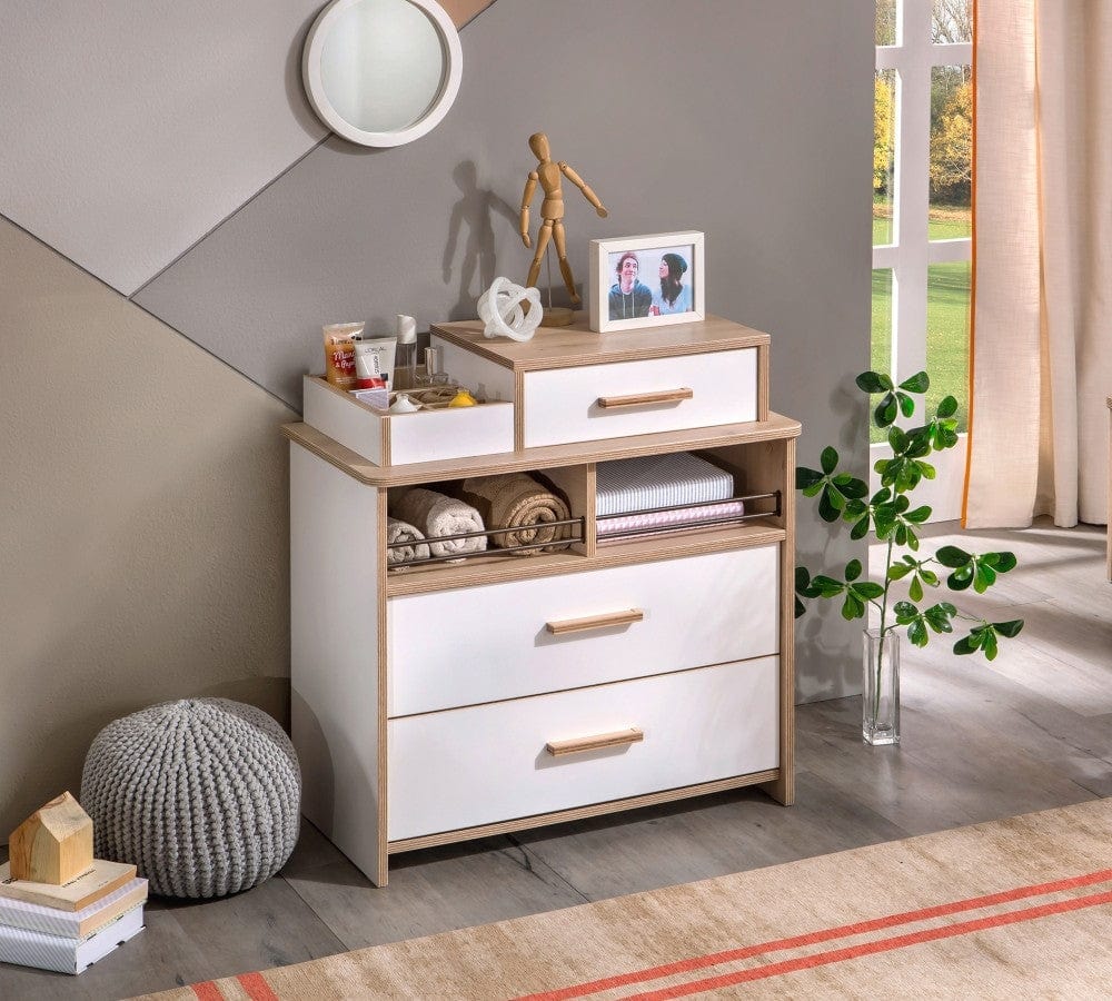 BFSummer Comoda din pal cu 3 sertare, pentru tineret Dynamic White / Natur, l77xA42xH82 cm