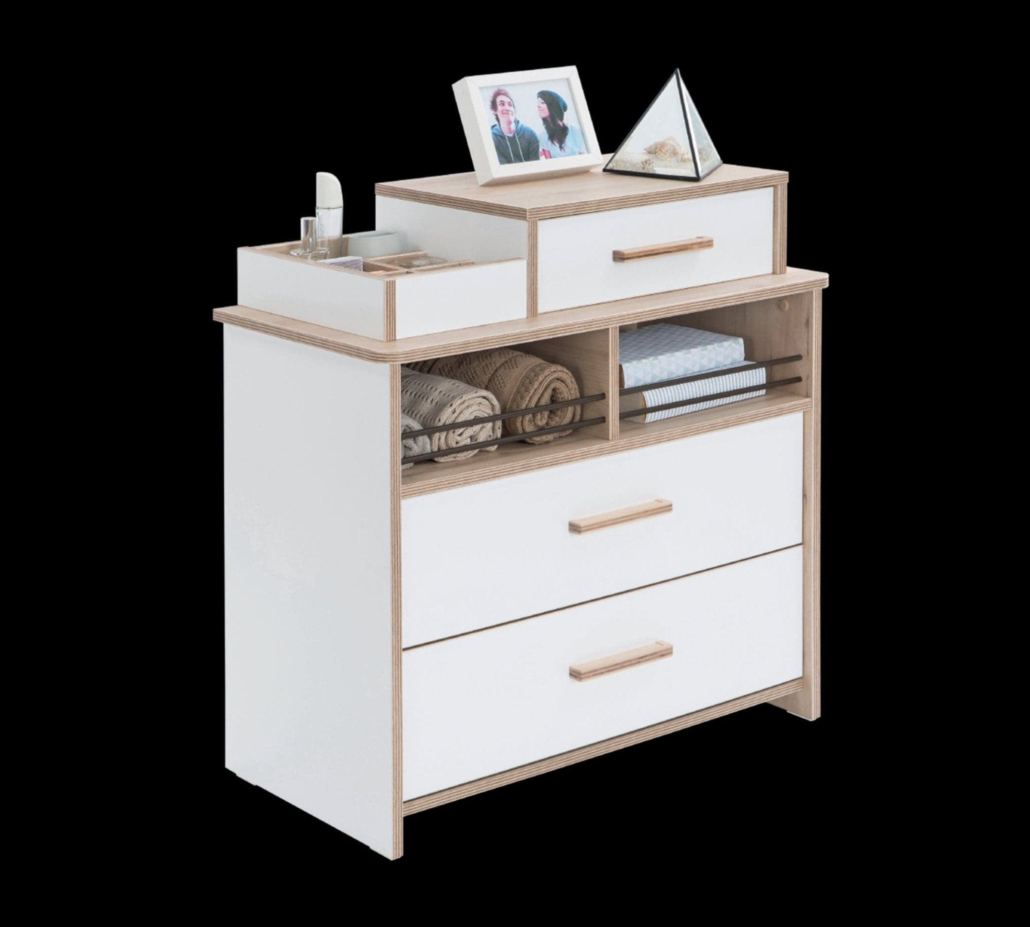 BFSummer Comoda din pal cu 3 sertare, pentru tineret Dynamic White / Natur, l77xA42xH82 cm