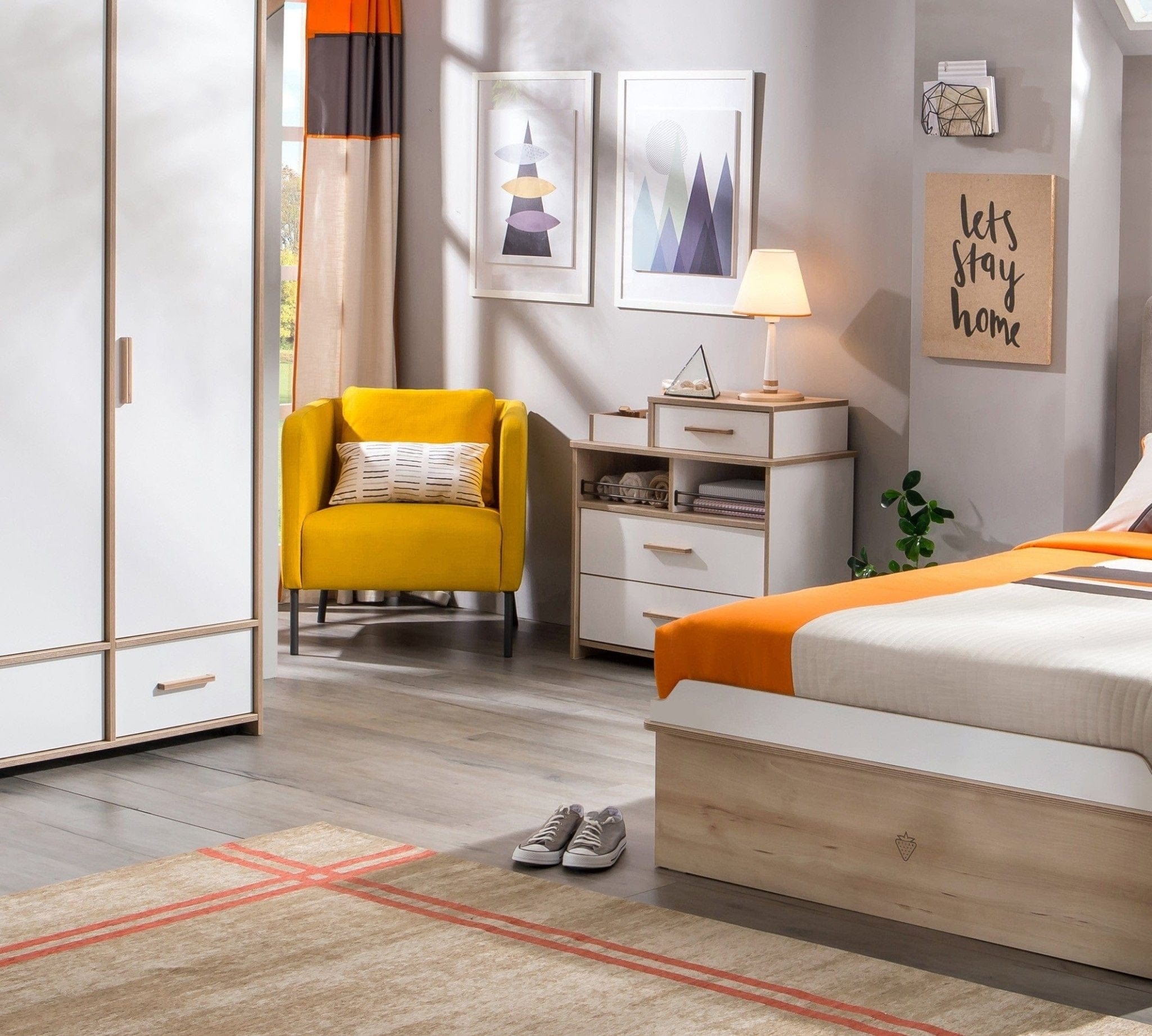 BFSummer Comoda din pal cu 3 sertare, pentru tineret Dynamic White / Natur, l77xA42xH82 cm