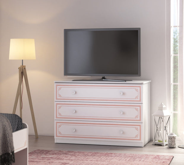 Comoda din pal cu 3 sertare, pentru tineret Selena Large Pink Alb / Roz, l107xA53xH75 cm