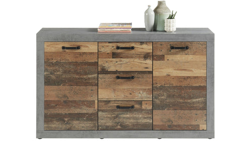 BFSummer Comoda din pal, cu 3 sertare si 2 usi Inez Gri / Natur, l147xA37xH88 cm