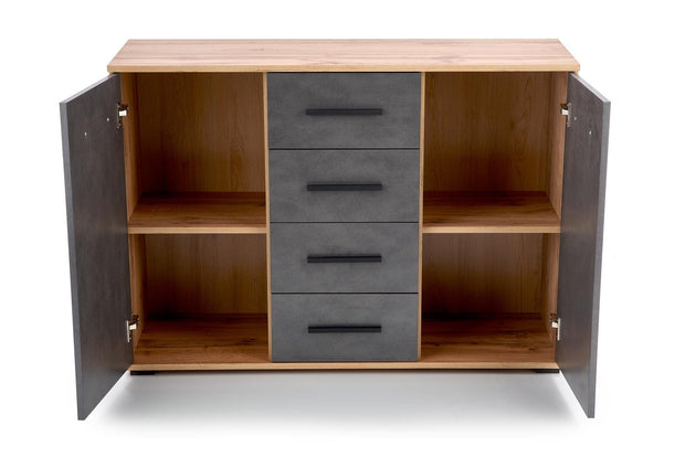 Comoda din pal, cu 4 sertare si 2 usi, Liamis KM-4 Gri / Stejar Wotan, l116xA40xH82 cm (5)