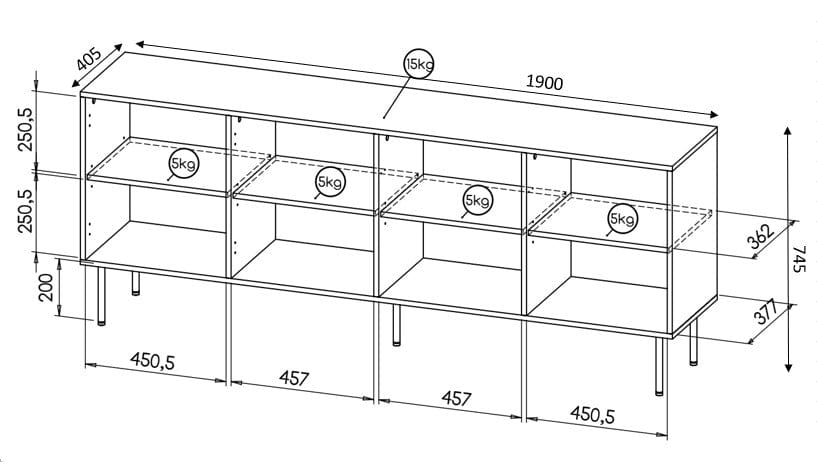 Comoda din pal, MDF si metal, cu 4 usi, Hole Alb / Negru, l190xA40,5xH74,5 cm (3)