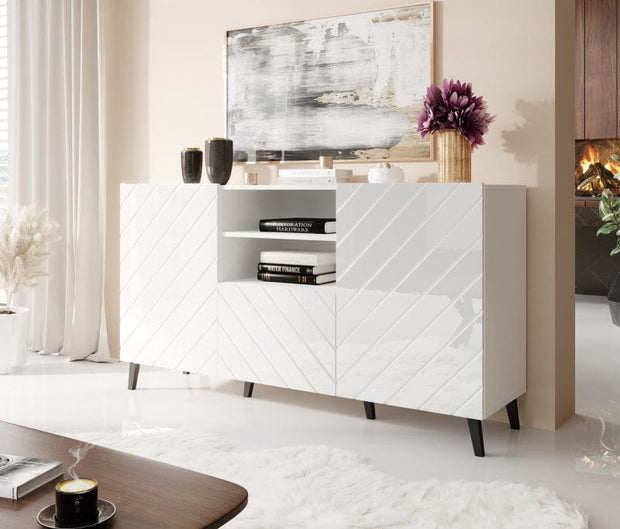 Comoda din pal, MDF si plastic, cu 1 sertar si 2 usi Abeto Alb / Negru, l150xA41,6xH82 cm