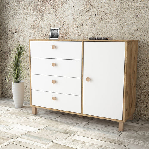 Comoda din pal si lemn, cu 4 sertare si 1 usa, Vilamo VL81-217 Alb / Natural, l120,6xA44,5xH93,5 cm