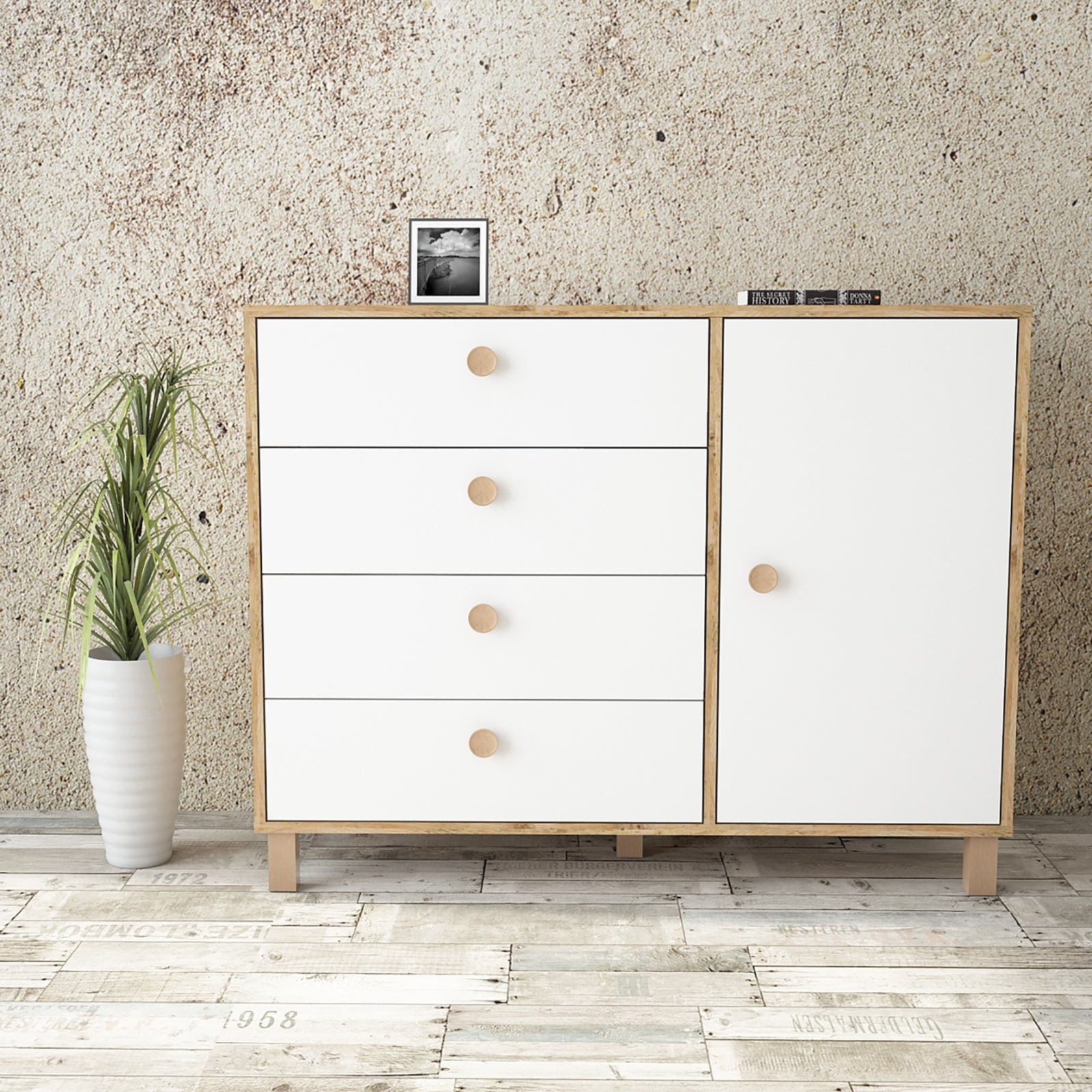 Comoda din pal si lemn, cu 4 sertare si 1 usa, Vilamo VL81-217 Alb / Natural, l120,6xA44,5xH93,5 cm (1)