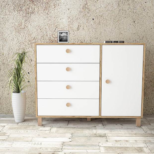 Comoda din pal si lemn, cu 4 sertare si 1 usa, Vilamo VL81-217 Alb / Natural, l120,6xA44,5xH93,5 cm (1)