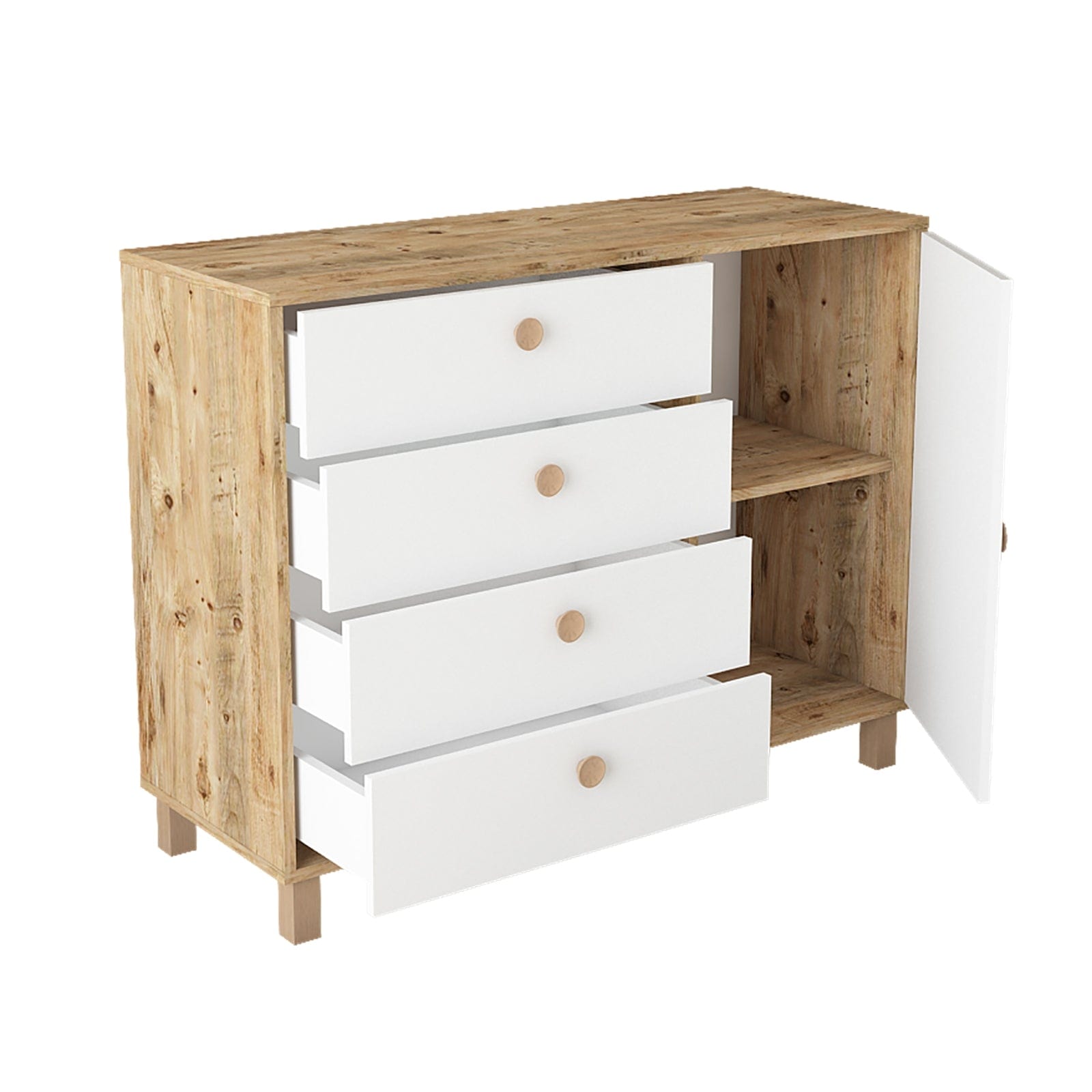 Comoda din pal si lemn, cu 4 sertare si 1 usa, Vilamo VL81-217 Alb / Natural, l120,6xA44,5xH93,5 cm (2)