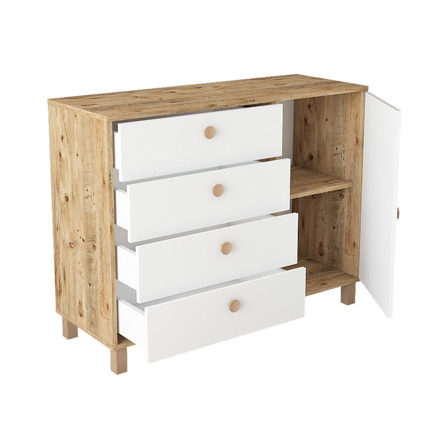 Comoda din pal si lemn, cu 4 sertare si 1 usa, Vilamo VL81-217 Alb / Natural, l120,6xA44,5xH93,5 cm (2)