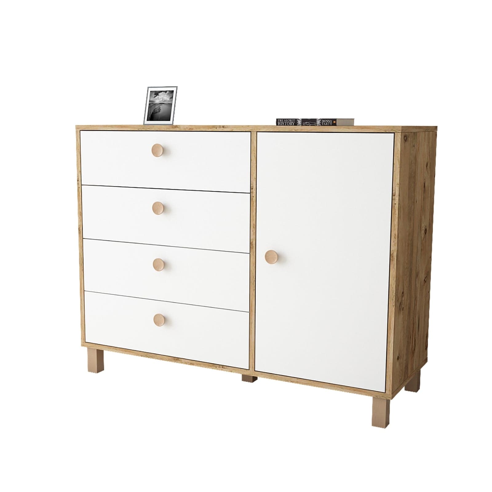 Comoda din pal si lemn, cu 4 sertare si 1 usa, Vilamo VL81-217 Alb / Natural, l120,6xA44,5xH93,5 cm (3)