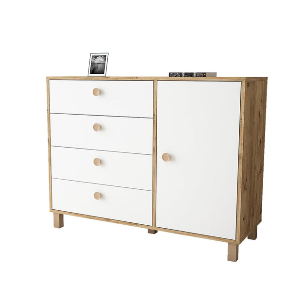 Comoda din pal si lemn, cu 4 sertare si 1 usa, Vilamo VL81-217 Alb / Natural, l120,6xA44,5xH93,5 cm (3)