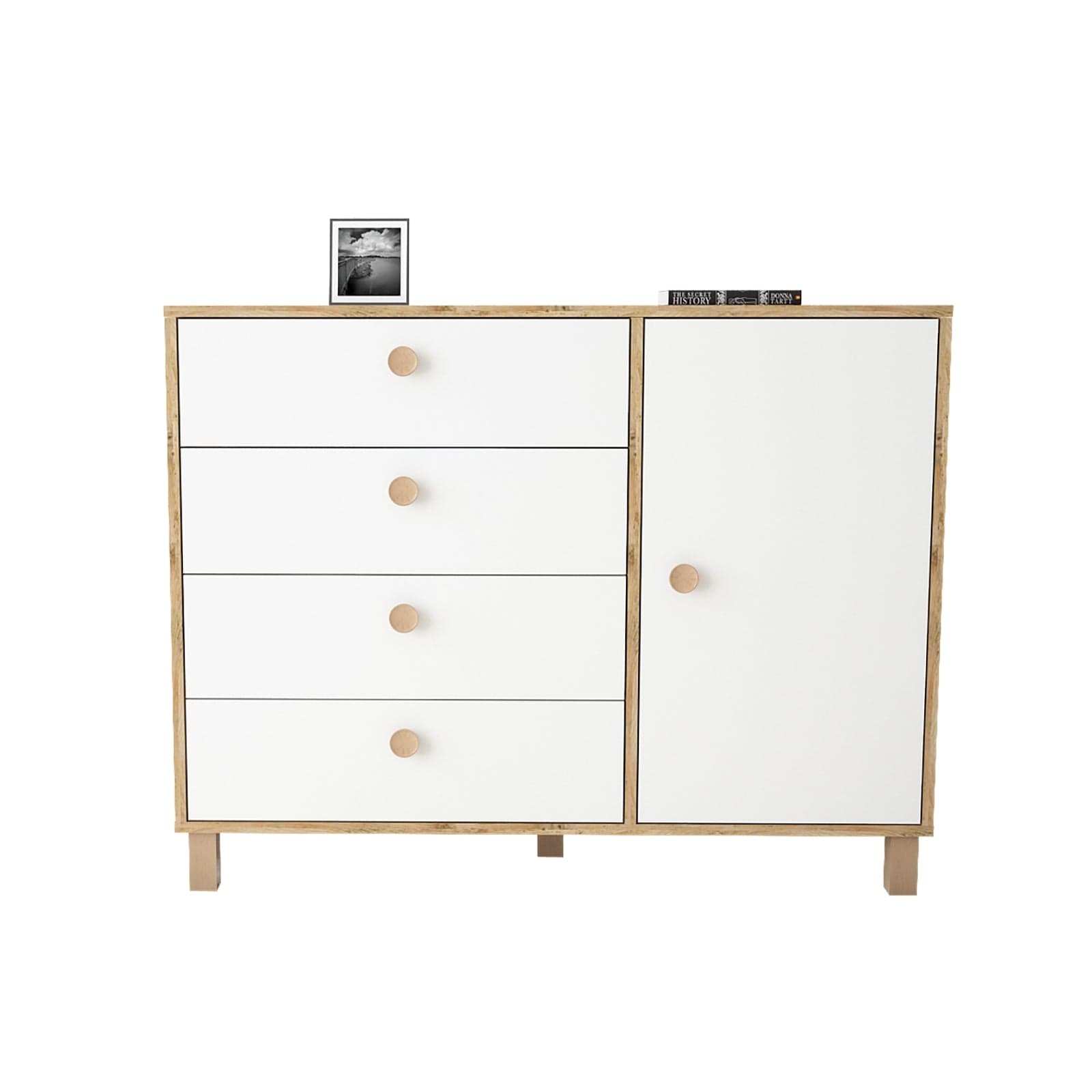 Comoda din pal si lemn, cu 4 sertare si 1 usa, Vilamo VL81-217 Alb / Natural, l120,6xA44,5xH93,5 cm (4)