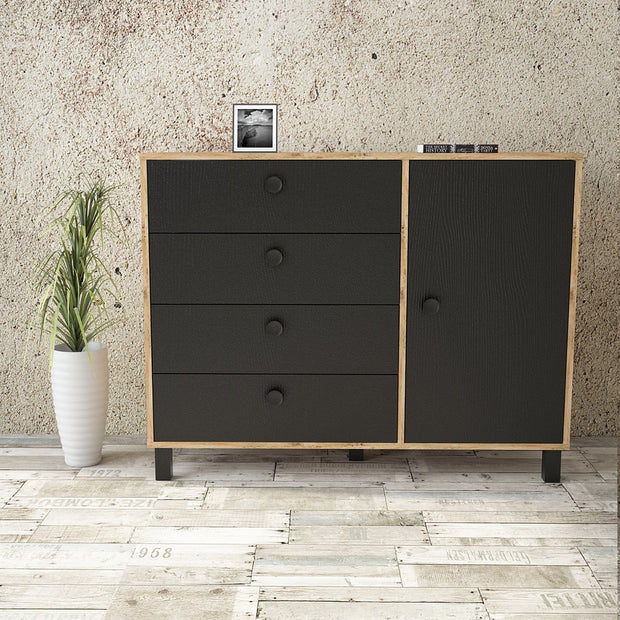 Comoda din pal si lemn, cu 4 sertare si 1 usa, Vilamo VL81-238 Negru / Natural, l120,6xA44,5xH93,5 cm (1)