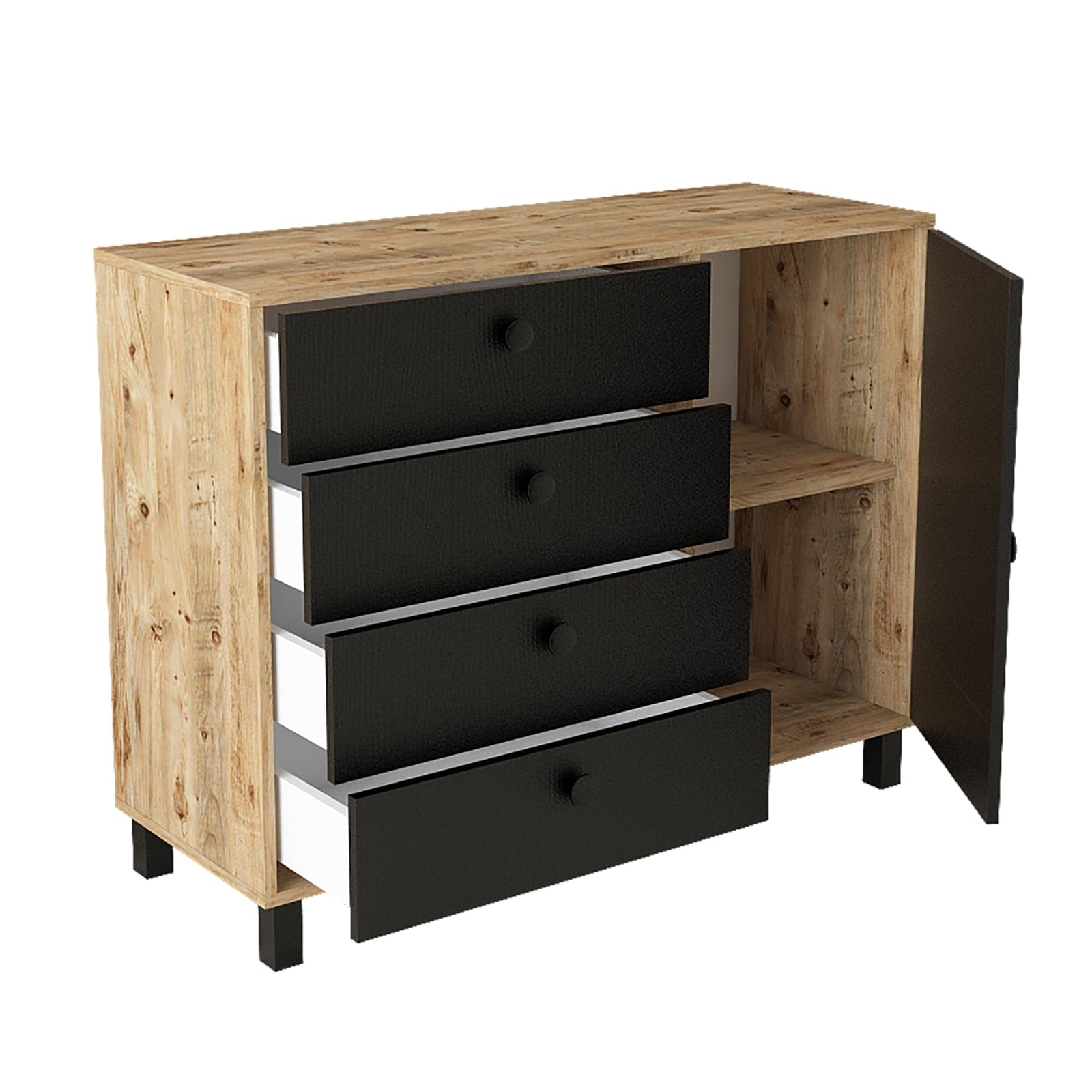 Comoda din pal si lemn, cu 4 sertare si 1 usa, Vilamo VL81-238 Negru / Natural, l120,6xA44,5xH93,5 cm (2)