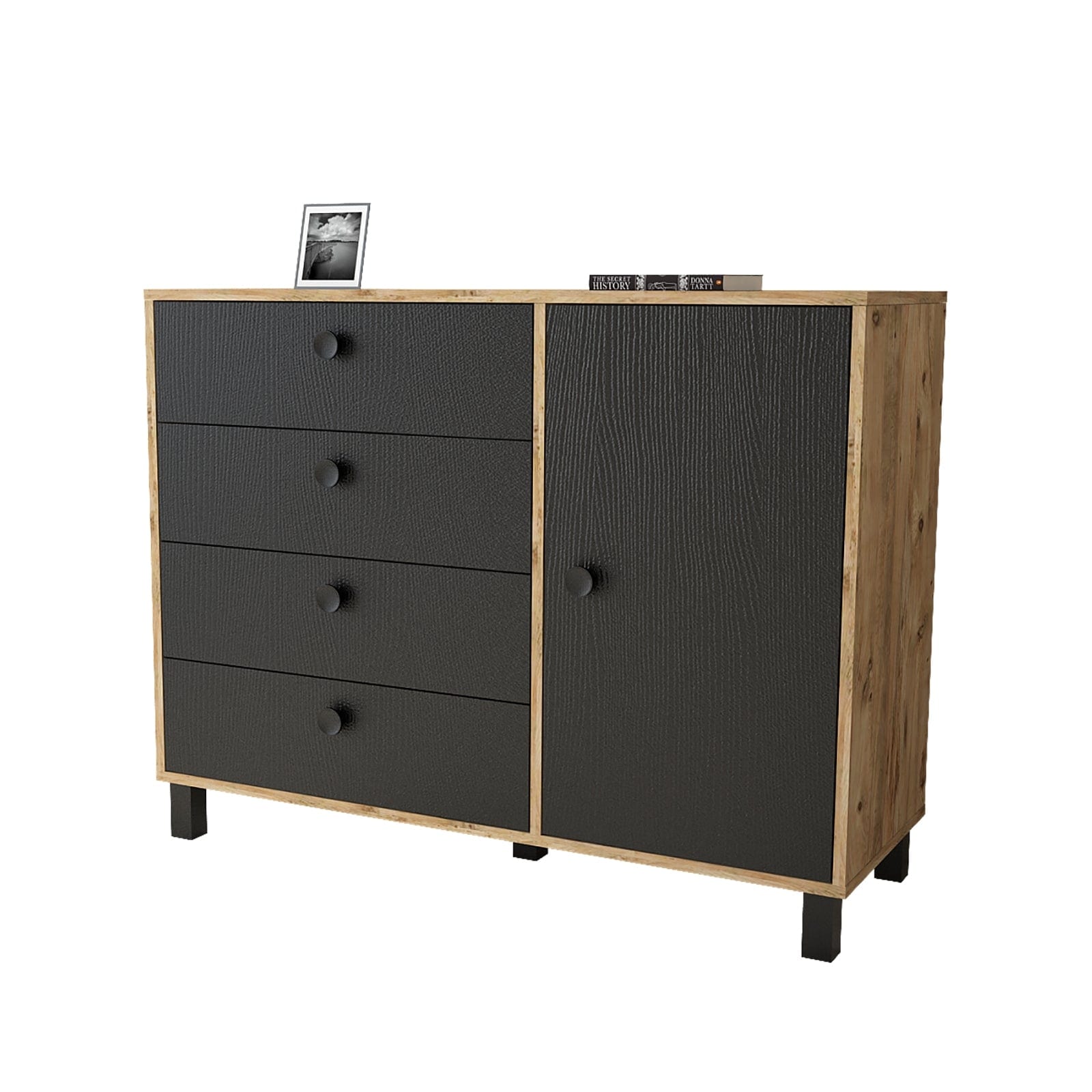 Comoda din pal si lemn, cu 4 sertare si 1 usa, Vilamo VL81-238 Negru / Natural, l120,6xA44,5xH93,5 cm (3)
