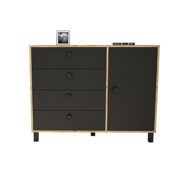 Comoda din pal si lemn, cu 4 sertare si 1 usa, Vilamo VL81-238 Negru / Natural, l120,6xA44,5xH93,5 cm (4)