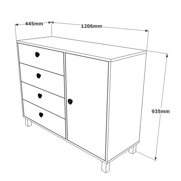 Comoda din pal si lemn, cu 4 sertare si 1 usa, Vilamo VL81-238 Negru / Natural, l120,6xA44,5xH93,5 cm (5)