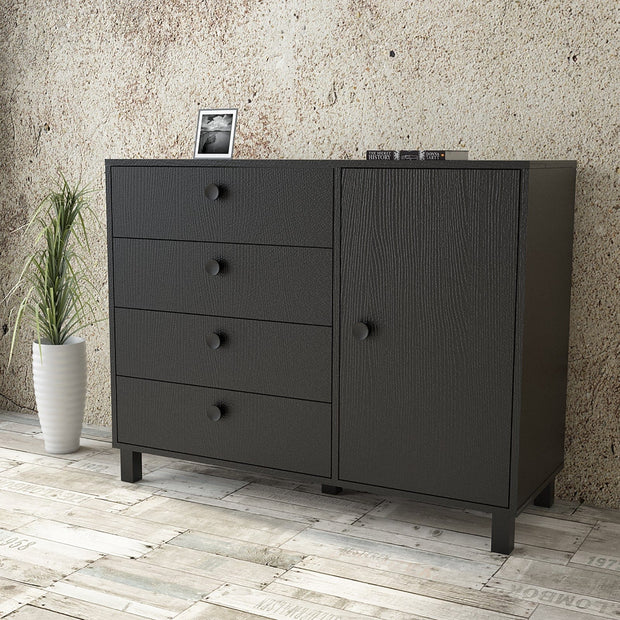 Comoda din pal si lemn, cu 4 sertare si 1 usa, Vilamo VL81-338 Negru, l120,6xA44,5xH93,5 cm